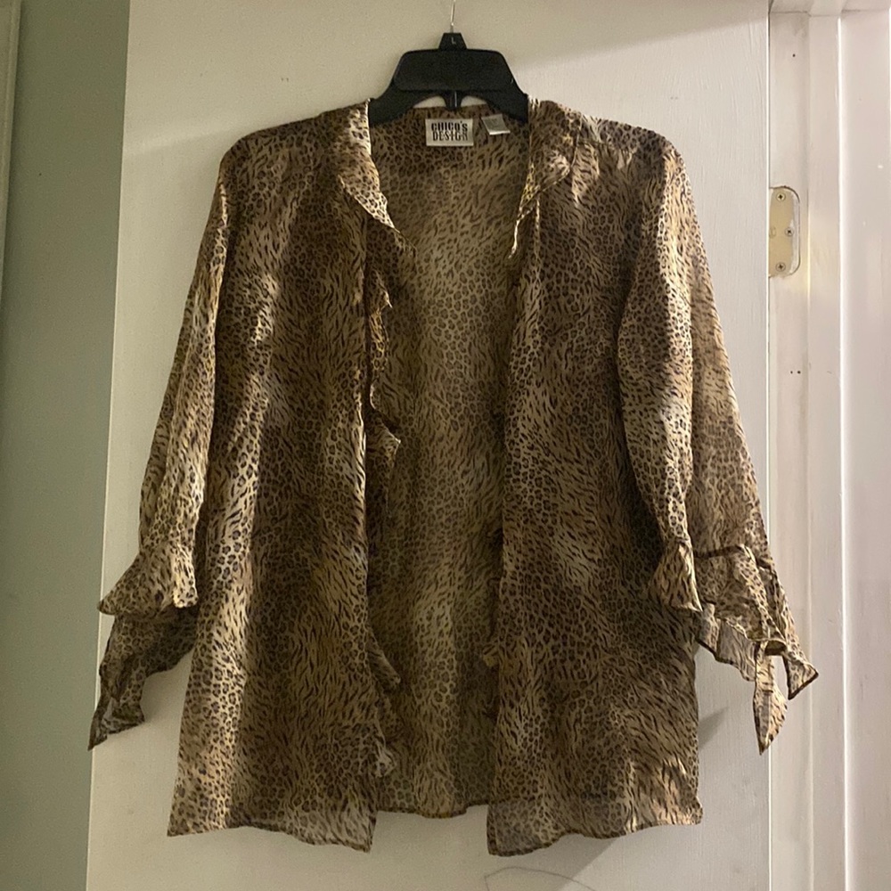 Chico’s size 1 sheer silk open ruffled blouse